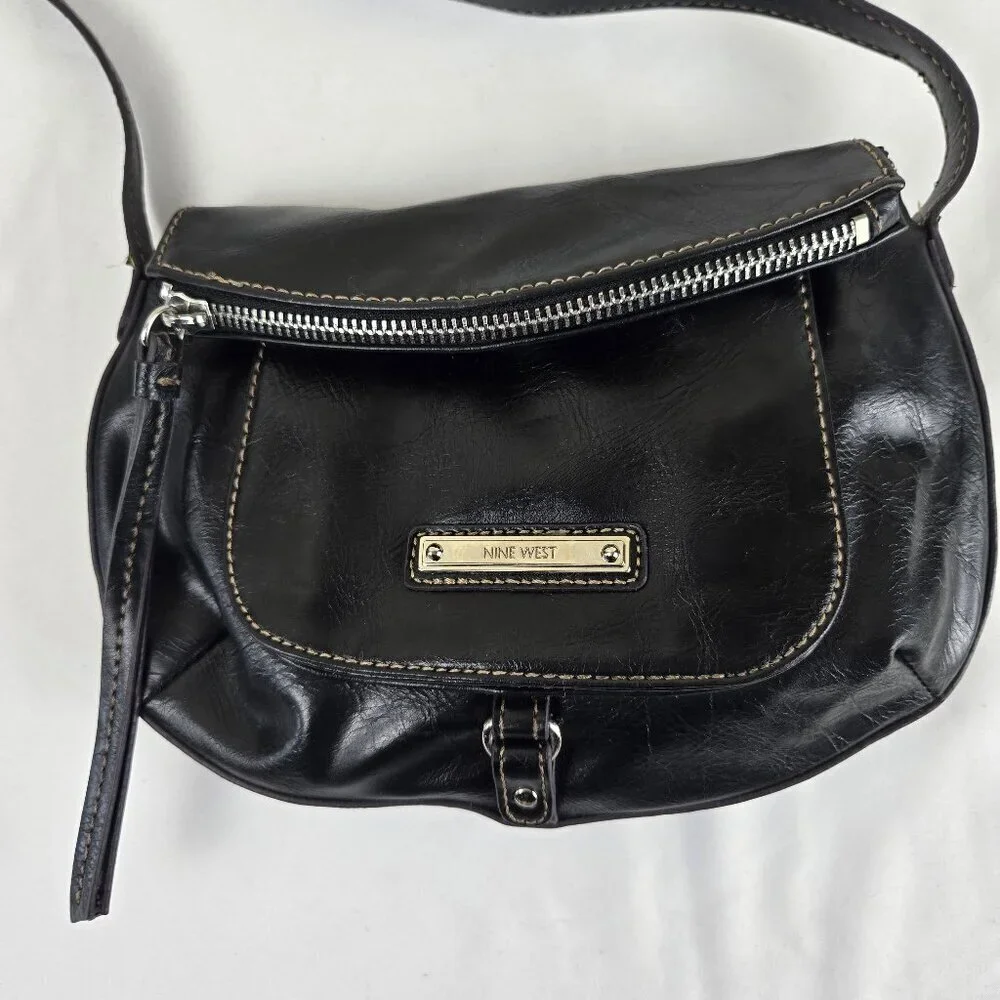 Nine West Black Foldover Crossbody Bag Adustable Long Strap Faux Leather